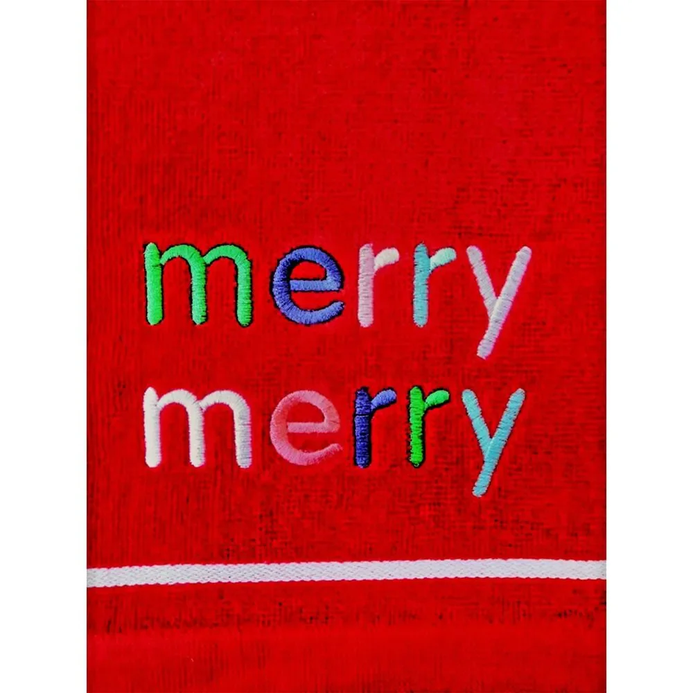 Merry Merry Christmas Hand Towels Red Holiday Winter Embroidered Set of 2